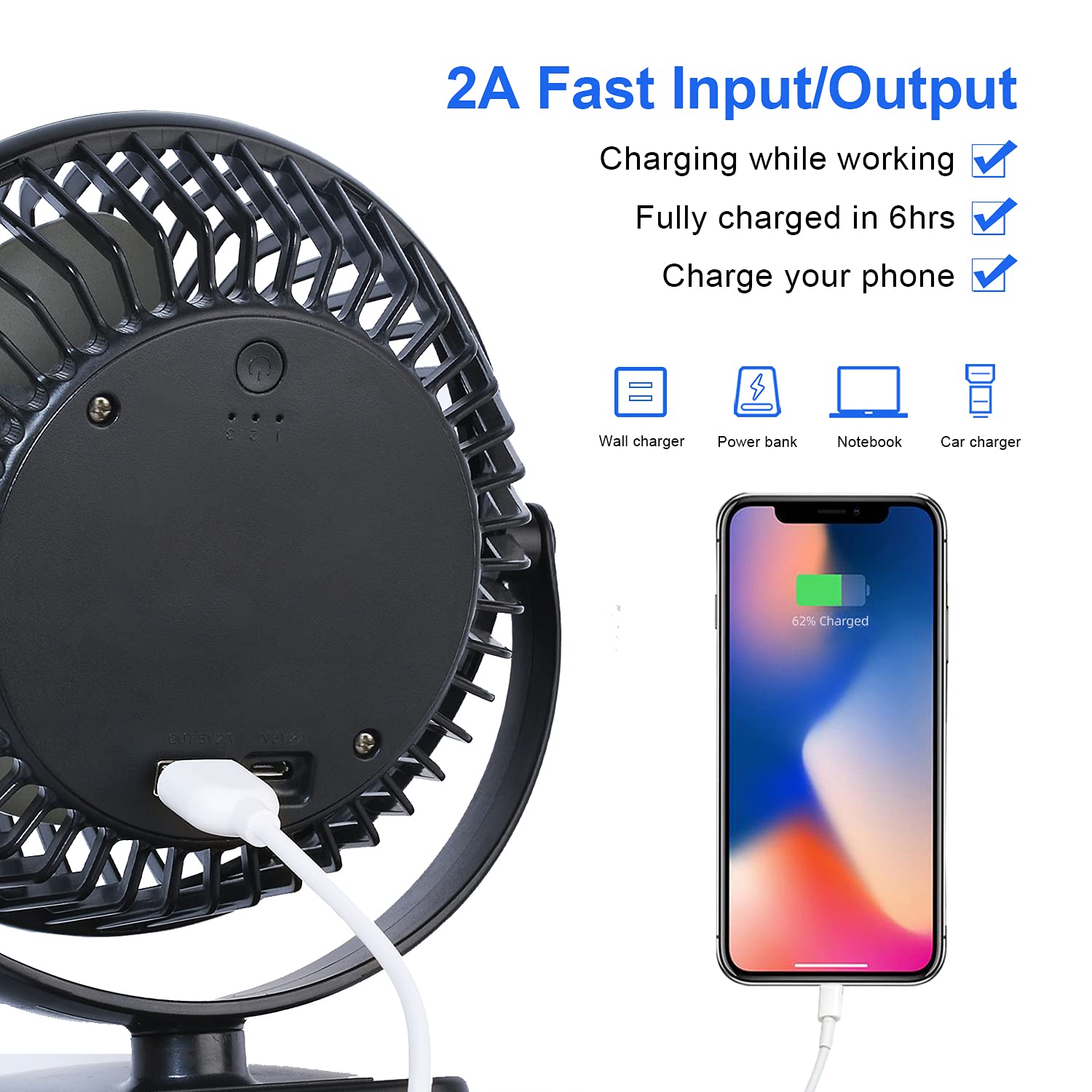 10000mAh Rechargeable Battery Operated Clip on Fan, Lasts 40hrs Max, Portable Fan with 3 Speeds, Sturdy Clamp, Small USB Desk Fans for Outdoor Stroller Golf Cart Treadmill Camping Home Office