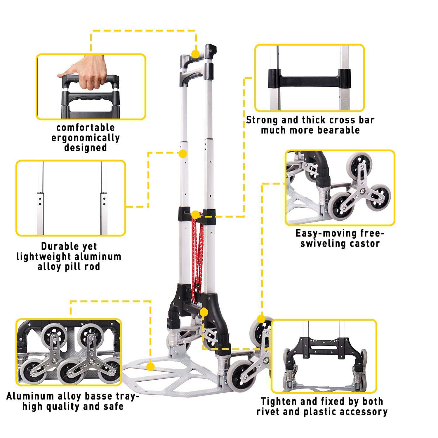 Stair Climbing Cart, Folding Hand Truck, Aluminum Alloy Luggage Moving Trolley Cart Heavy Duty with Bungee Cord, Grocery Shopping Cart with TPR Wheels and Telescoping Handle Outdoor Office