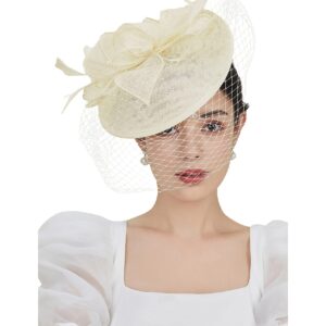 BABEYOND Women's Pillbox Fascinator Hat Kentucky Hat Feather Derby Fascinator Tea Party Fascinator Hat with Veil for Cocktail Off-White