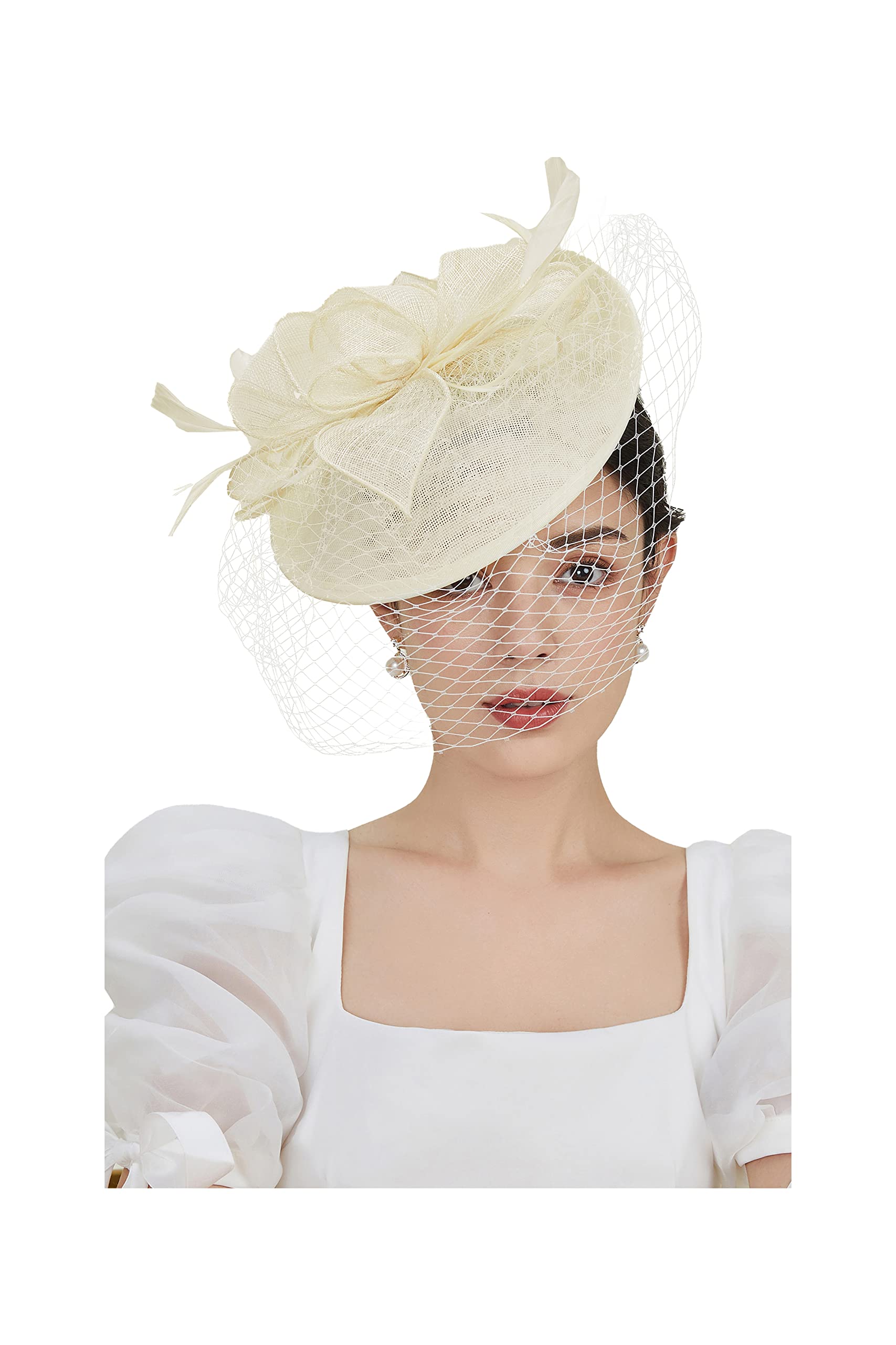 BABEYOND Women's Pillbox Fascinator Hat Kentucky Hat Feather Derby Fascinator Tea Party Fascinator Hat with Veil for Cocktail Off-White