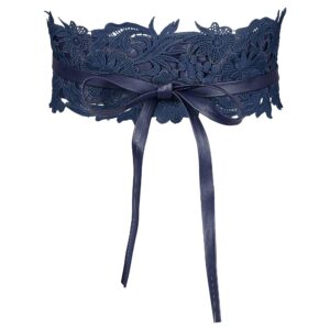 Allegra K Womens Lace Wide Waist Belt Wrap Around Obi Croset Belts Bowknot 65-80cm/25.59-31.50" Navy Blue