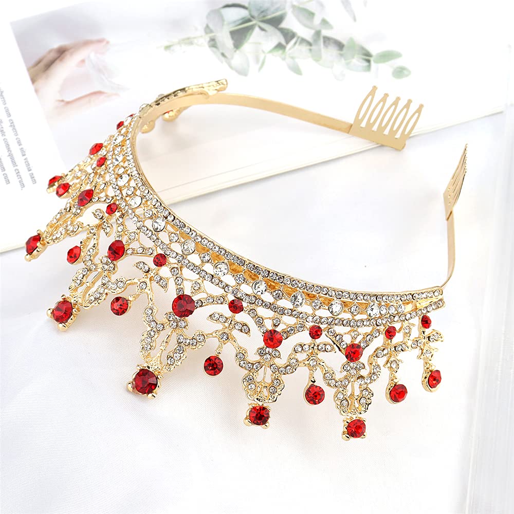 NODG Gold Tiaras and Crowns for Women Birthday Headband for Girls Red Crystal Queen Crowns Hair Accessories for Bride Party Bridesmaids Bridal Prom Halloween Costume Cosplay Christmas Gifts