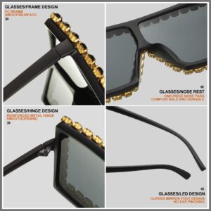 Weewooday 2 Pairs Oversized Square Crystal Sunglasses Flat Top Sunglasses Retro Thick Frame Bling Glasses for Women Men(Black)