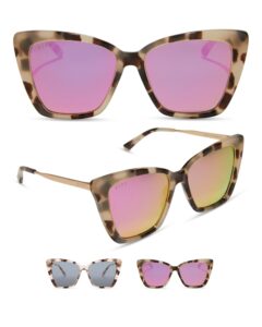 diff becky ii designer cat eye sunglasses for women uv400 protection, cream tortoise + pink mirror