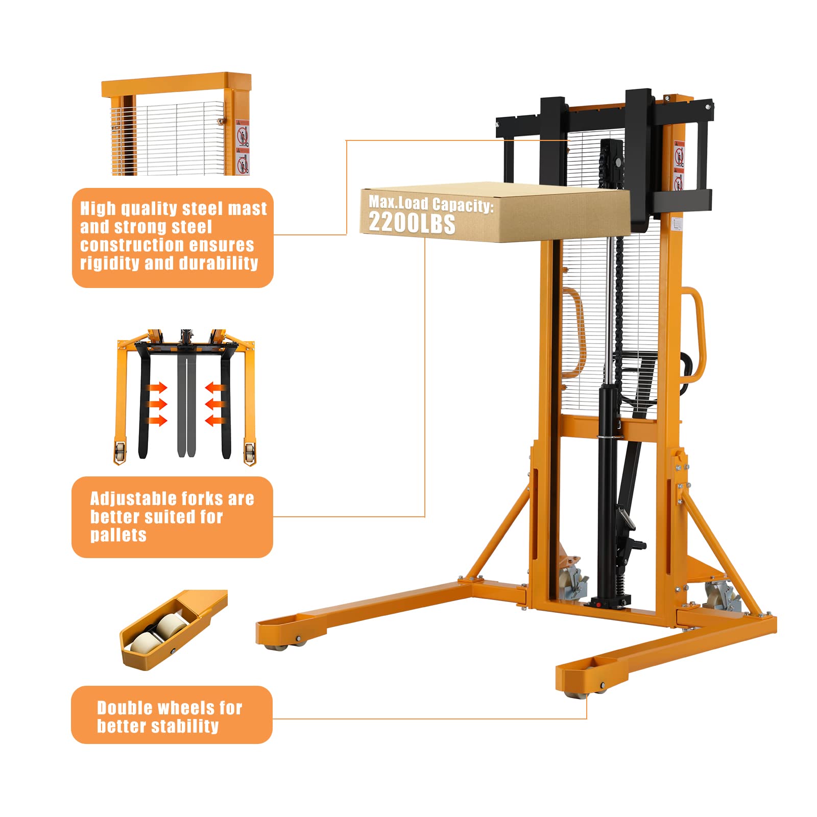 APOLLO Manual Forklift Hand Pallet Stacker 2200lbs Capacity 63" Lifting Height with Straddle Legs and Adjustable Forks