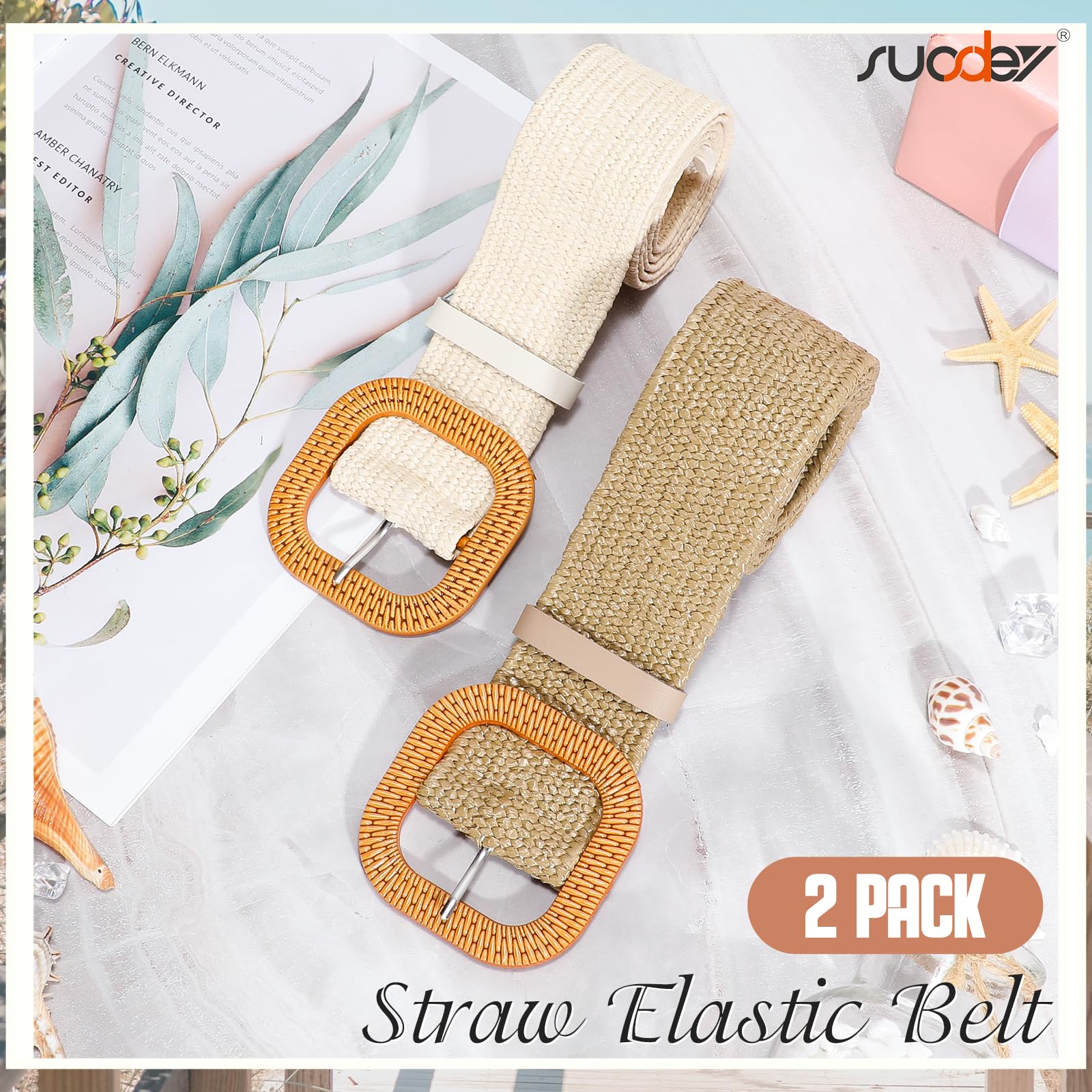 SUOSDEY 2 Pack Straw Woven Elastic Belt Braided Stretch Wide Belt for Women Dress