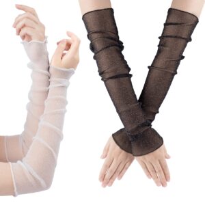 oiiki 2 pairs women's long ultra-thin lace gloves sun uv protection, cooling mesh tulle sunscreen sleeves fingerless arms legs accessories for party outdoor sport activities- 50cm, black/white