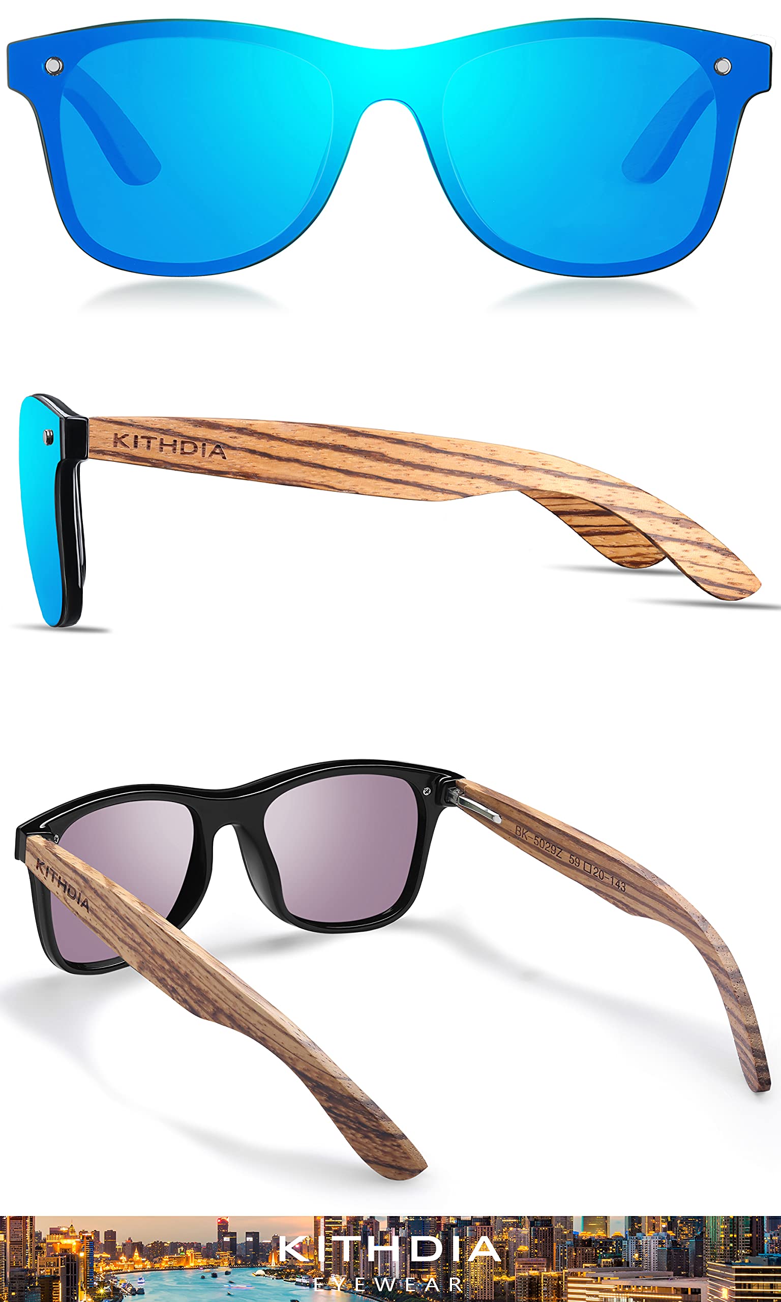 KITHDIA Zebra Wooden Bamboo Sunglasses Polarized for Men and Women - Wood Temples Sunglasses S5029