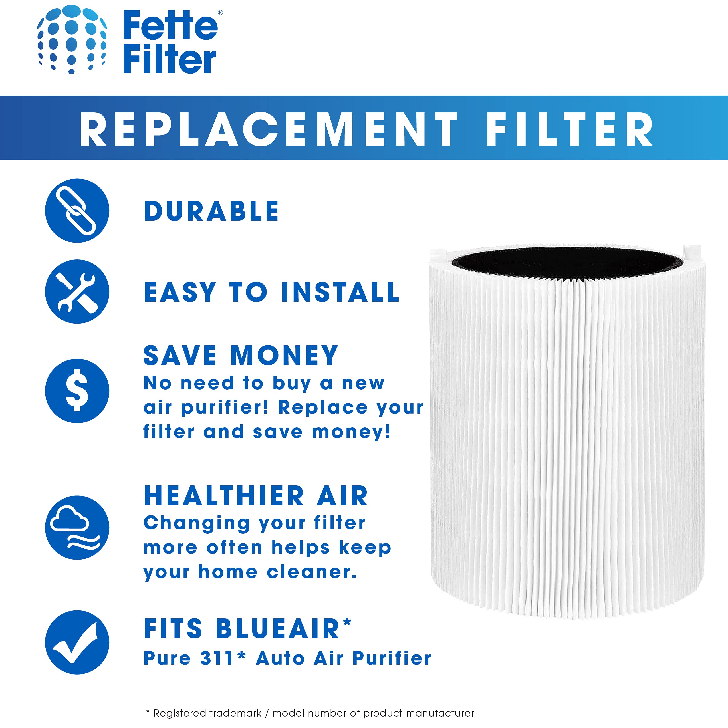 Fette Filter - 311 Air Purifier Replacement Filters, Compatible with Blueair Pure 311 High-efficiency 2-in-1 Filtration Systems, Particle Filter + Carbon Filter (Pack of 2)