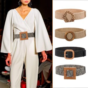 Geyoga 4 Pieces Straw Belts for Women Dresses Straw Woven Elastic Stretch Wide Waist Belt with Buckle Boho Braided Dress Belt