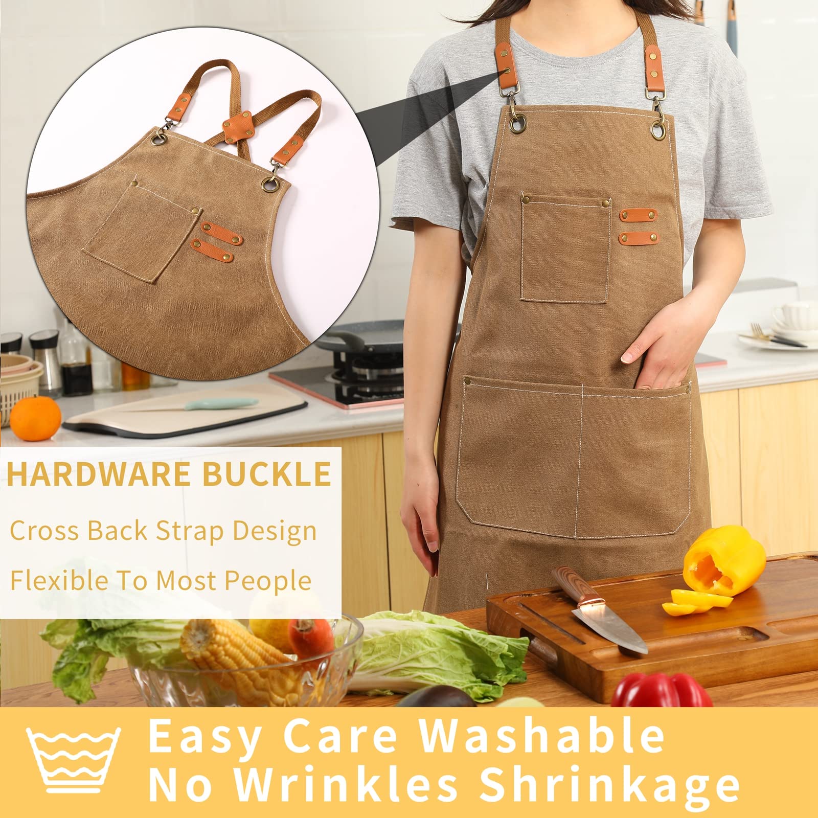 Tosewever Canvas Cross Back Chef Apron for Men Women with Adjustable Straps Large Pockets, Waterdrop Kitchen Heavy Duty Cotton Aprons for Tool Cooking BBQ Artist, M to XXL (Cappuccino Brown)