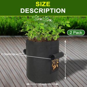 SORANGEUN 2-Pack 15-Gallon Grow Bags with 2 Flaps and Reinforced Handles,Non-Woven Potato Grow Bags, Heavy-Duty Thickened Aeration Fabric Pots for Potatoes, Tomatoes, Flowers, and Vegetables