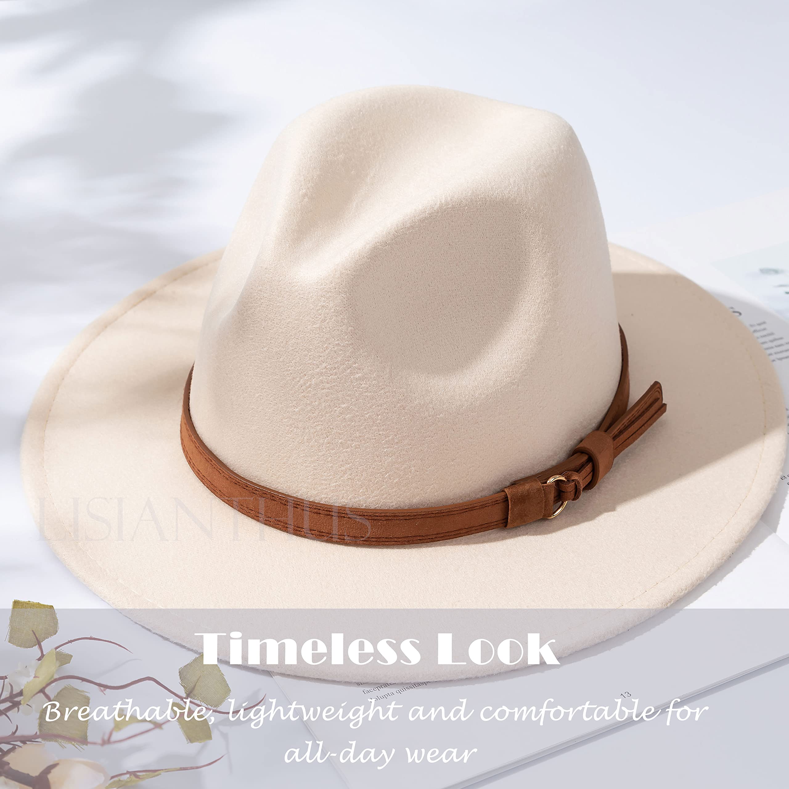 Lisianthus Men & Women Vintage Wide Brim Fedora Hat with Belt Buckle (A Buckle-Creamy, Large)