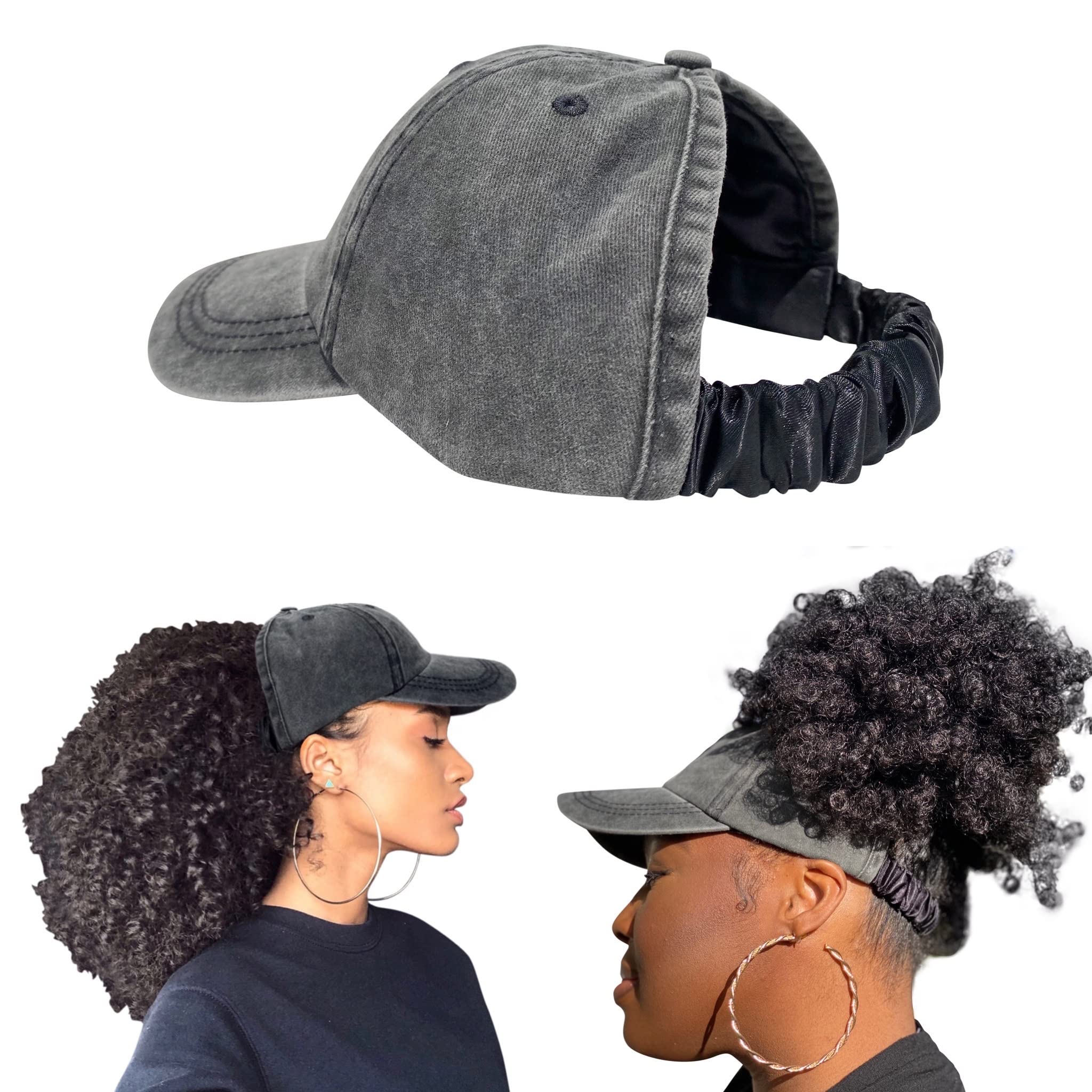 CurlCap Natural Hair Backless Cap – Satin Lined Baseball Hat for Women (Black Denim), One Size