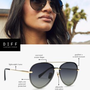 DIFF Lenox Gold + Black Grey Gradient, Designer Oversized Aviator Sunglasses for Women UV400 Polarized Protection