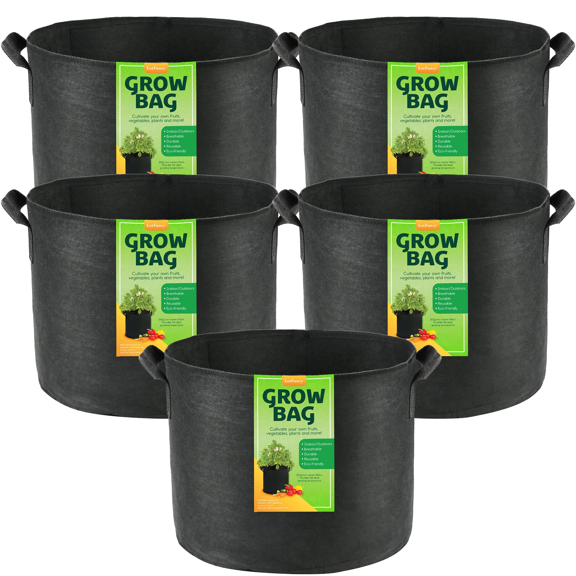 LotFancy 5-Pack 10 Gallon Grow Bags, Thickened Nonwoven Aeration Fabric Pots with Reinforced Handles, Heavy Duty Gardening Planter Containers for Vegetables Flowers Fruits, Black