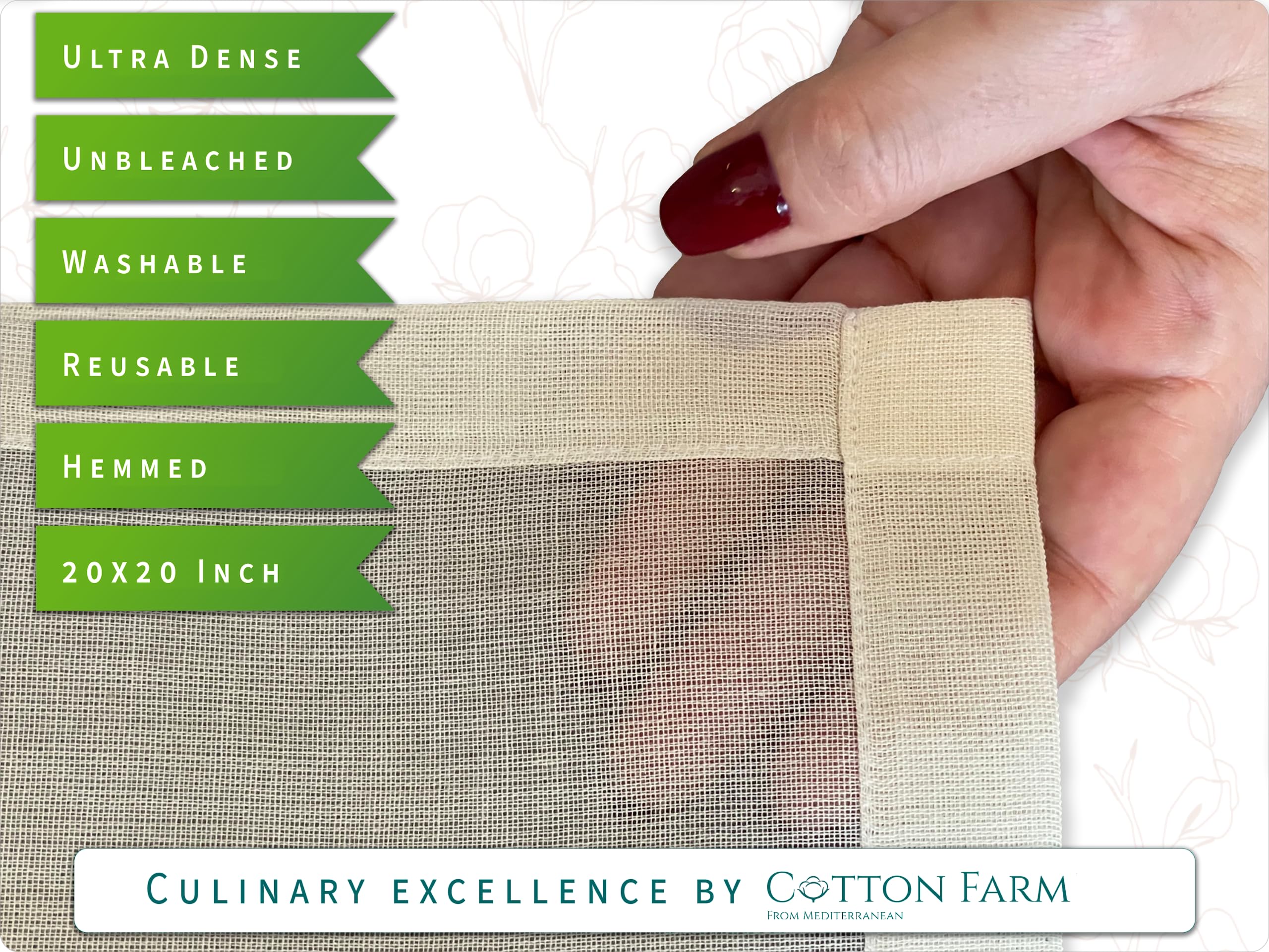 Cotton Farm Hemmed Cheese Cloths, Grade 100, 20x20 inch, Precut, Ready to Use, Muslin Cheesecloth for Straining and Cooking, 100% Unbleached Cotton, Ultra Fine and Dense, Reusable, Washable