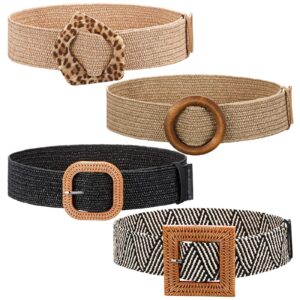 Geyoga 4 Pieces Straw Belts for Women Dresses Straw Woven Elastic Stretch Wide Waist Belt with Buckle Boho Braided Dress Belt