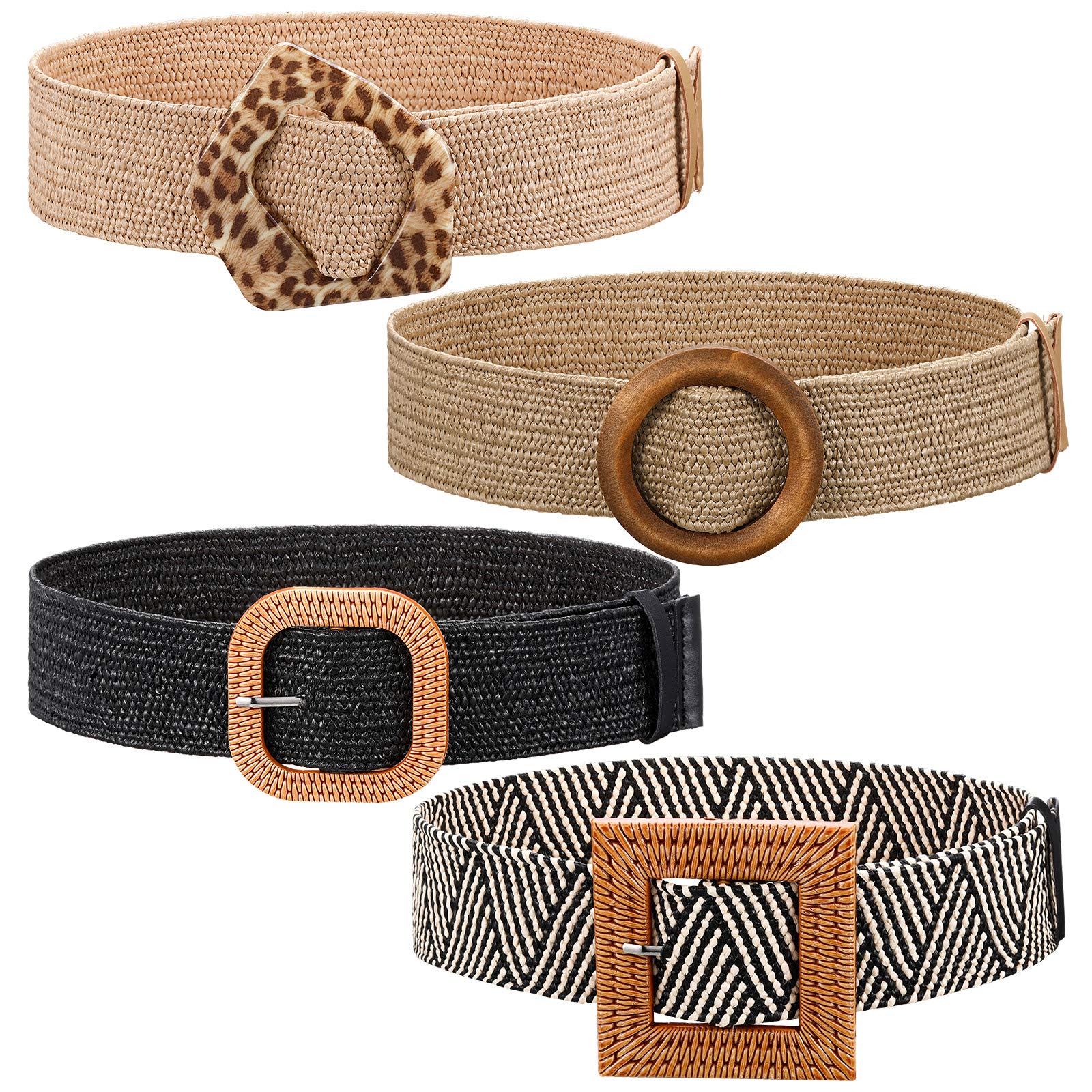 Geyoga 4 Pieces Straw Belts for Women Dresses Straw Woven Elastic Stretch Wide Waist Belt with Buckle Boho Braided Dress Belt