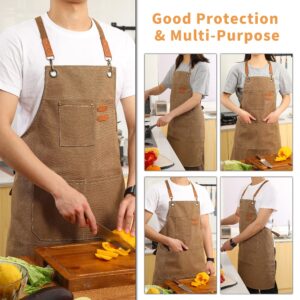 Tosewever Canvas Cross Back Chef Apron for Men Women with Adjustable Straps Large Pockets, Waterdrop Kitchen Heavy Duty Cotton Aprons for Tool Cooking BBQ Artist, M to XXL (Cappuccino Brown)