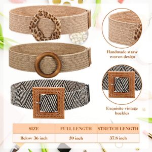 Geyoga 4 Pieces Straw Belts for Women Dresses Straw Woven Elastic Stretch Wide Waist Belt with Buckle Boho Braided Dress Belt