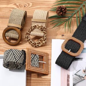 Geyoga 4 Pieces Straw Belts for Women Dresses Straw Woven Elastic Stretch Wide Waist Belt with Buckle Boho Braided Dress Belt