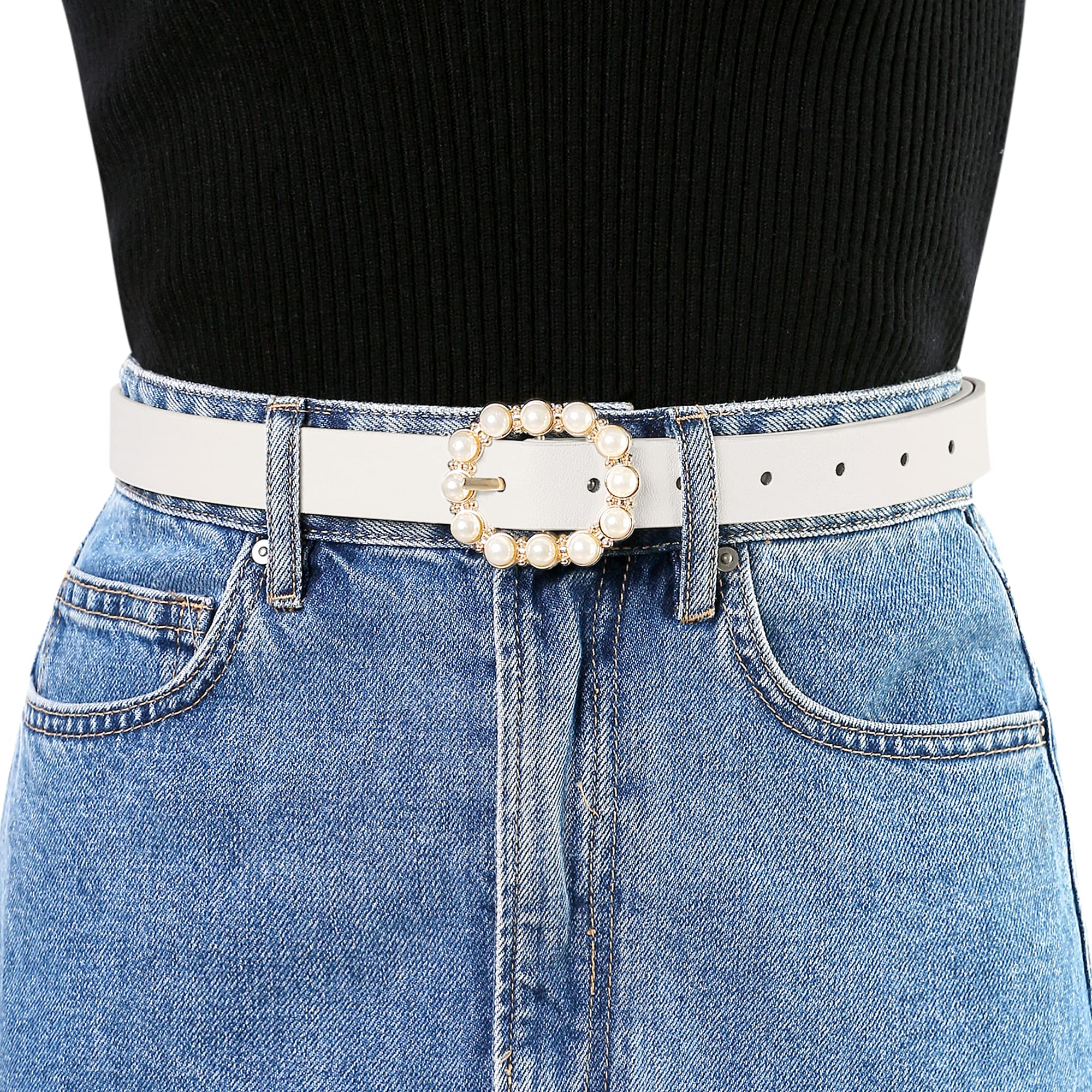 Allegra K Womens Pearl Waistband Skinny Leather Adjustable Pin Buckle Belt for Jeans Dresses Pants 75-90cm/29.53"-35.43" White