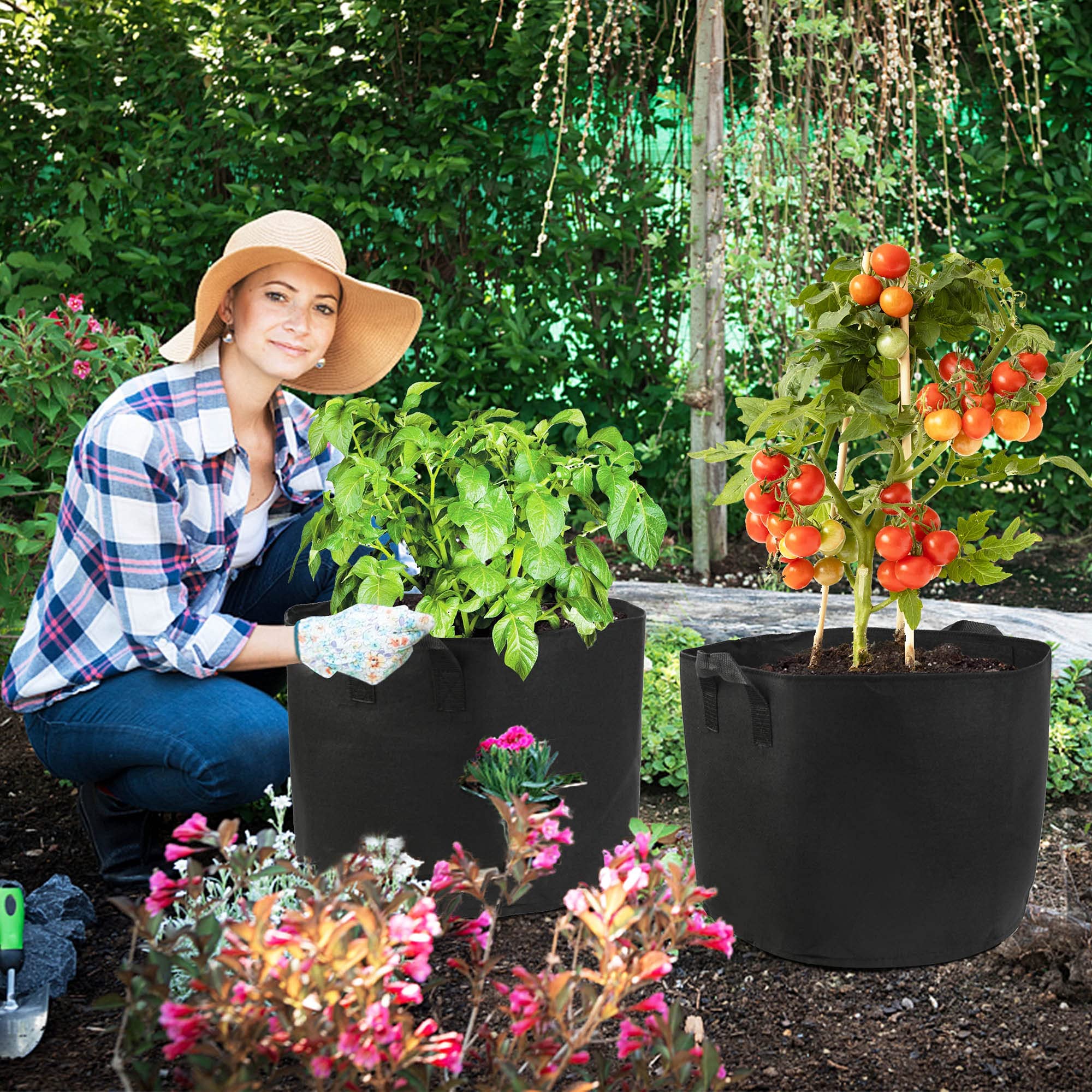 LotFancy 5-Pack 10 Gallon Grow Bags, Thickened Nonwoven Aeration Fabric Pots with Reinforced Handles, Heavy Duty Gardening Planter Containers for Vegetables Flowers Fruits, Black