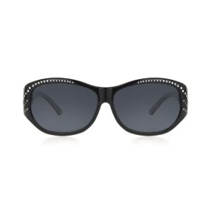 Solar Shield fits over sunglasses Natalie with Rhinestone, Black oval frame, Smoke lenses - EX-Large, 62 mm