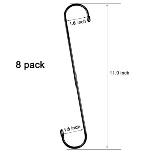 HiGift 8 Pack 12 Inches Extension S Hooks for Hanging Plant Basket Outdoor Bird Feeder House, Heavy Duty Long S Shaped Hook for Kitchen Pots and Pans, Patio Decoration, Towels, Clothes, Black