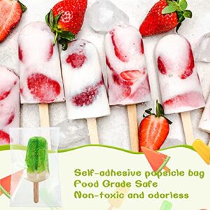 Patelai 400 Pieces Ice Cream Sticks and Bags Set Include 300 Pieces Self-adhesive Pop Bags Clear Ice Cream Bags Self Sealing and 100 Pieces Wooden Ice Cream Sticks Ice Cream Sticks for Summer Party