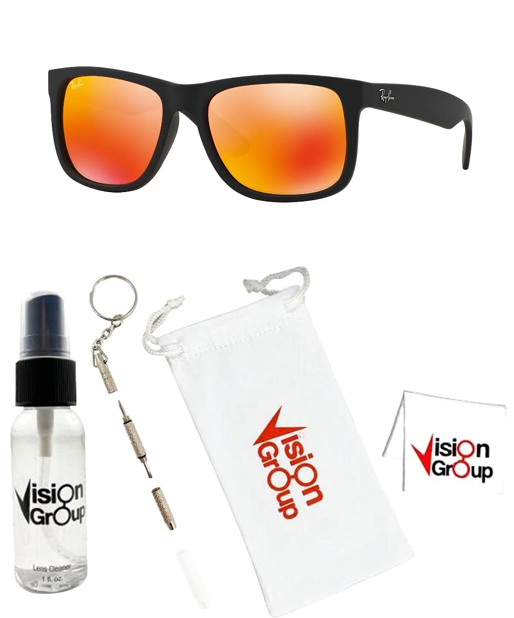 Ray-Ban RB4165 Justin Sunglasses + Vision Group Accessories Bundle,unisex-adult (Rubber Black/Brown Mirror Orange (622/6Q),55)