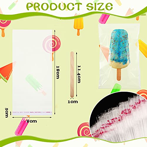 Patelai 400 Pieces Ice Cream Sticks and Bags Set Include 300 Pieces Self-adhesive Pop Bags Clear Ice Cream Bags Self Sealing and 100 Pieces Wooden Ice Cream Sticks Ice Cream Sticks for Summer Party