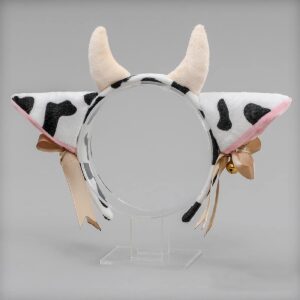 BPNHNA Cow Ears and Horns Headband Bow Ribbon Bells Headwear Elastic Hair Hoop For Party Animal Cosplay Costume White