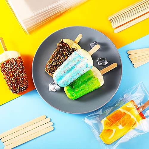 Patelai 400 Pieces Ice Cream Sticks and Bags Set Include 300 Pieces Self-adhesive Pop Bags Clear Ice Cream Bags Self Sealing and 100 Pieces Wooden Ice Cream Sticks Ice Cream Sticks for Summer Party