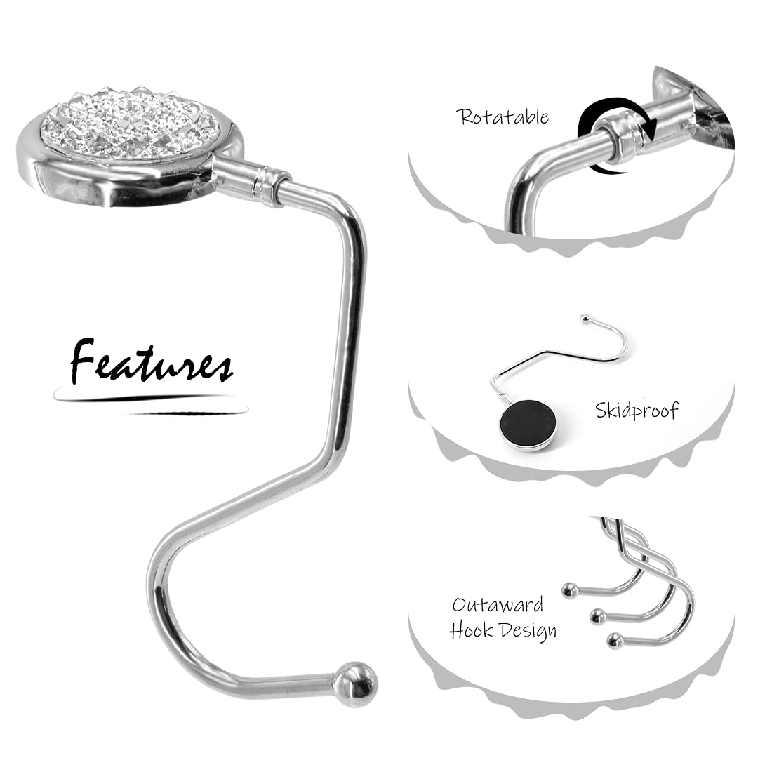 TANOSII Purse Hook Mental Clutch Holder Handbag Rhinestone Hanger for Table Desk Reverse White 1 Pack