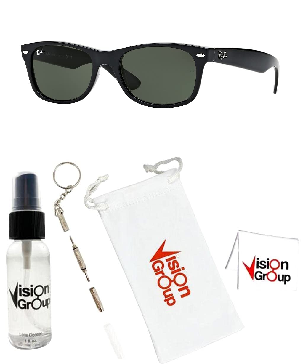 Ray-Ban RB2132 New Wayfarer Sunglasses + Vision Group Accessories Bundle, unisex-adult (Black/Crystal Green,58)