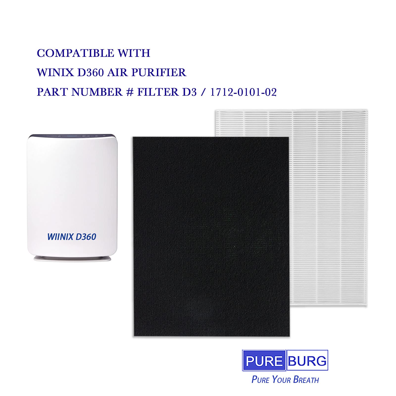 PUREBURG D3 Replacement Filter Set Compatible with Winix D360 Air Purifier 1712-0101-02,H13 HEPA + 6 x Activated Carbon Pre-Filters,Air Clean Dust VOCs