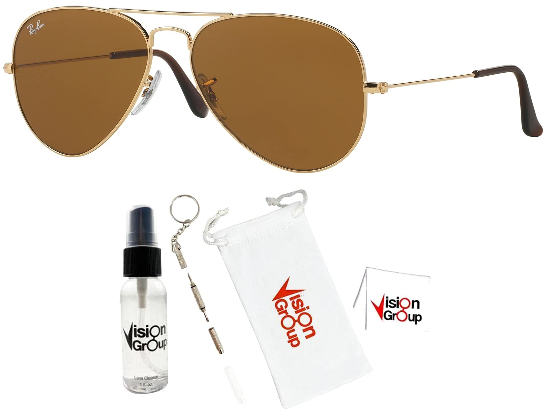 Ray-Ban RB3025 Metal Aviator Sunglasses + Vision Group Accessories Bundle for unisex-adult (Arista/Crystal Brown (001/33), 58)