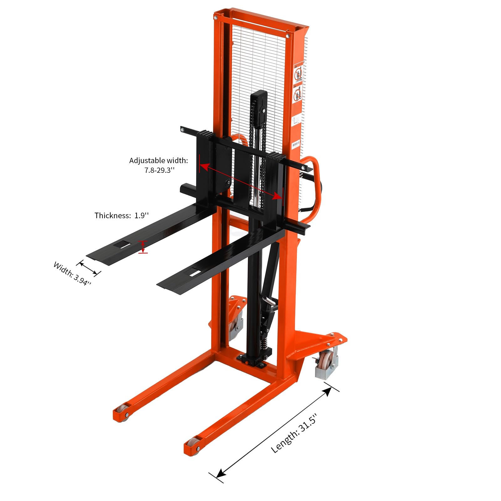 Tory Carrier Manual Forklift Pallet Stakcer 1100lbs Capacity 63" Lift Height with Adjustable Forks and Fixed Legs Hand Tools