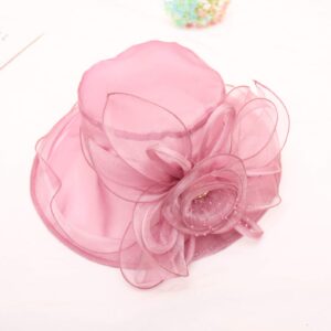 ELLYDOOR Women Kentucky Derby Fascinator Hat Organza Church Wedding Hat Wide Brim Cocktail Tea Party Hat Pink