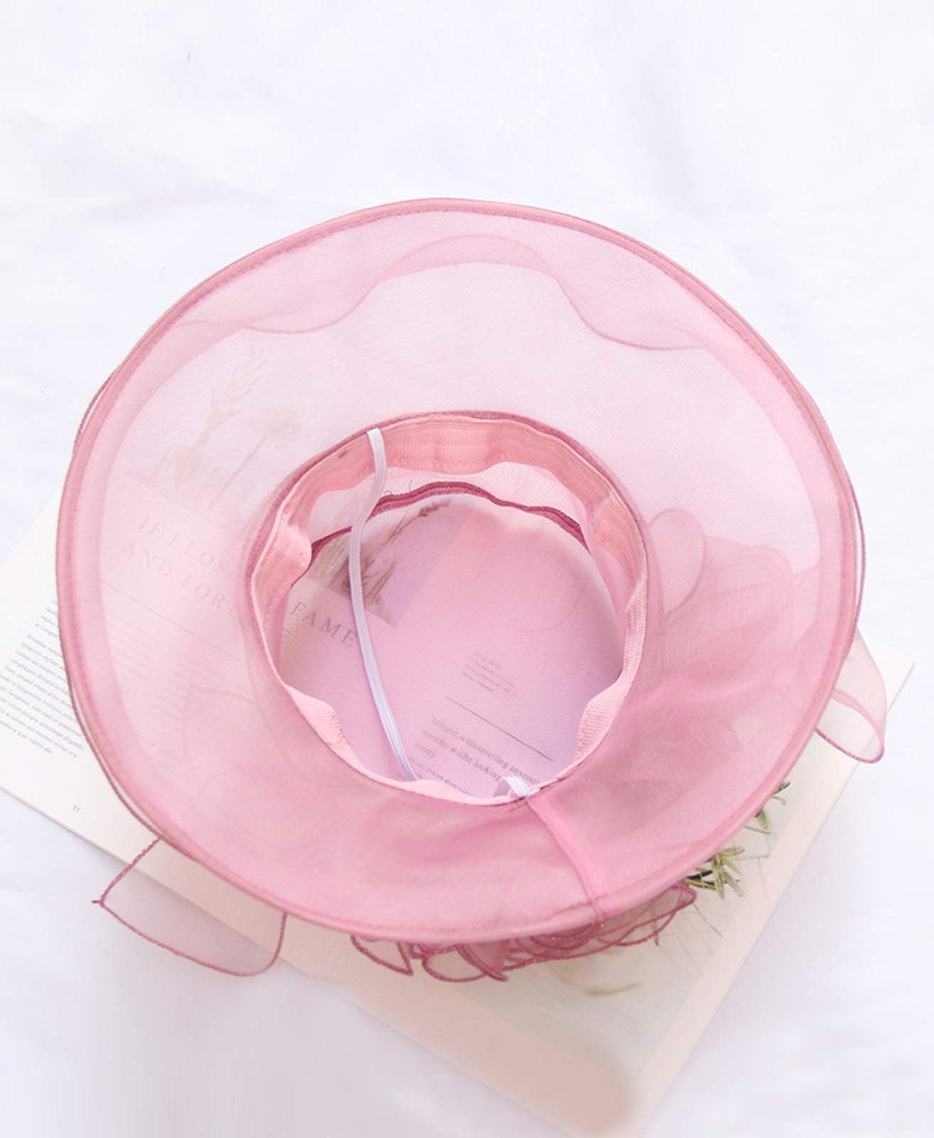 ELLYDOOR Women Kentucky Derby Fascinator Hat Organza Church Wedding Hat Wide Brim Cocktail Tea Party Hat Pink