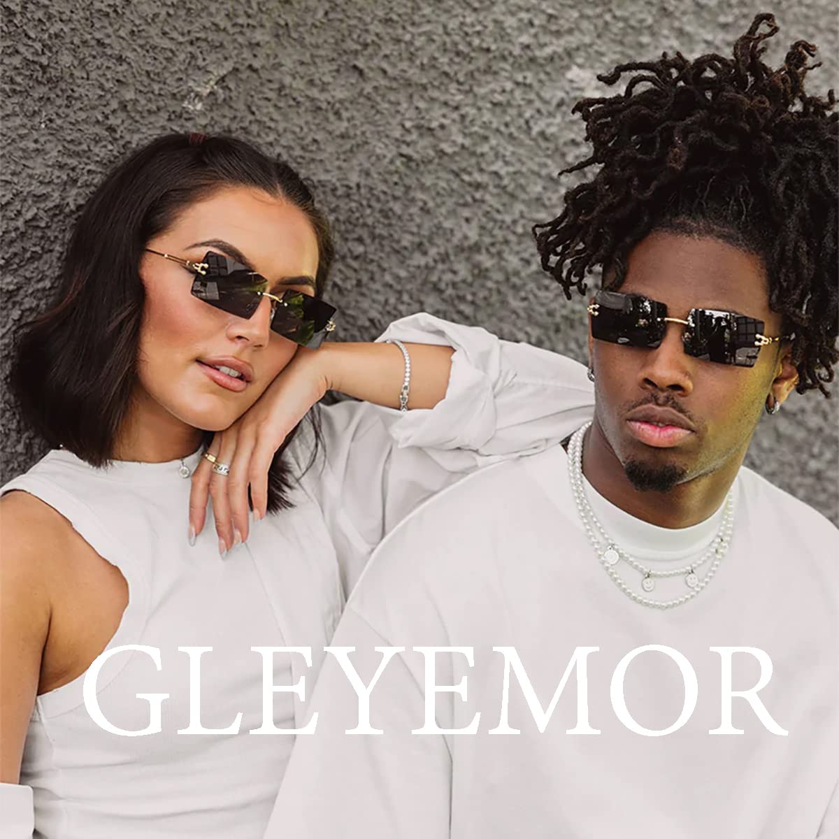 Gleyemor Rimless Rectangle Sunglasses for Women Mens Fashion Vintage Frameless Square Glasses with Gradient Lens (Grey)