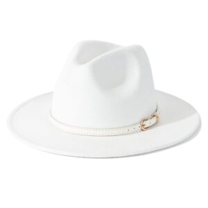 Lisianthus Women White Fedora Wide Brim Panama Hats with Color Belt Buckle (White)