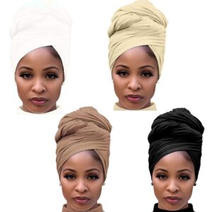 youme head wrap scarf stretch jersey turban headwraps african head wraps breathable soft hair wrap for black women, black+light brown+ beige+white, large