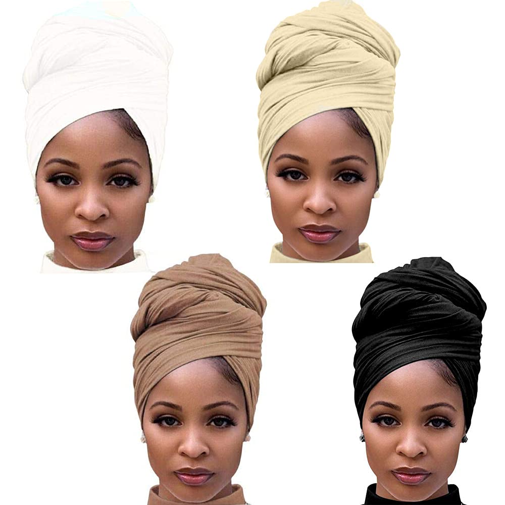 Youme Head Wrap Scarf Stretch Jersey Turban Headwraps African Head Wraps Breathable Soft Hair Wrap for Black Women, Black+Light Brown+ Beige+White, Large