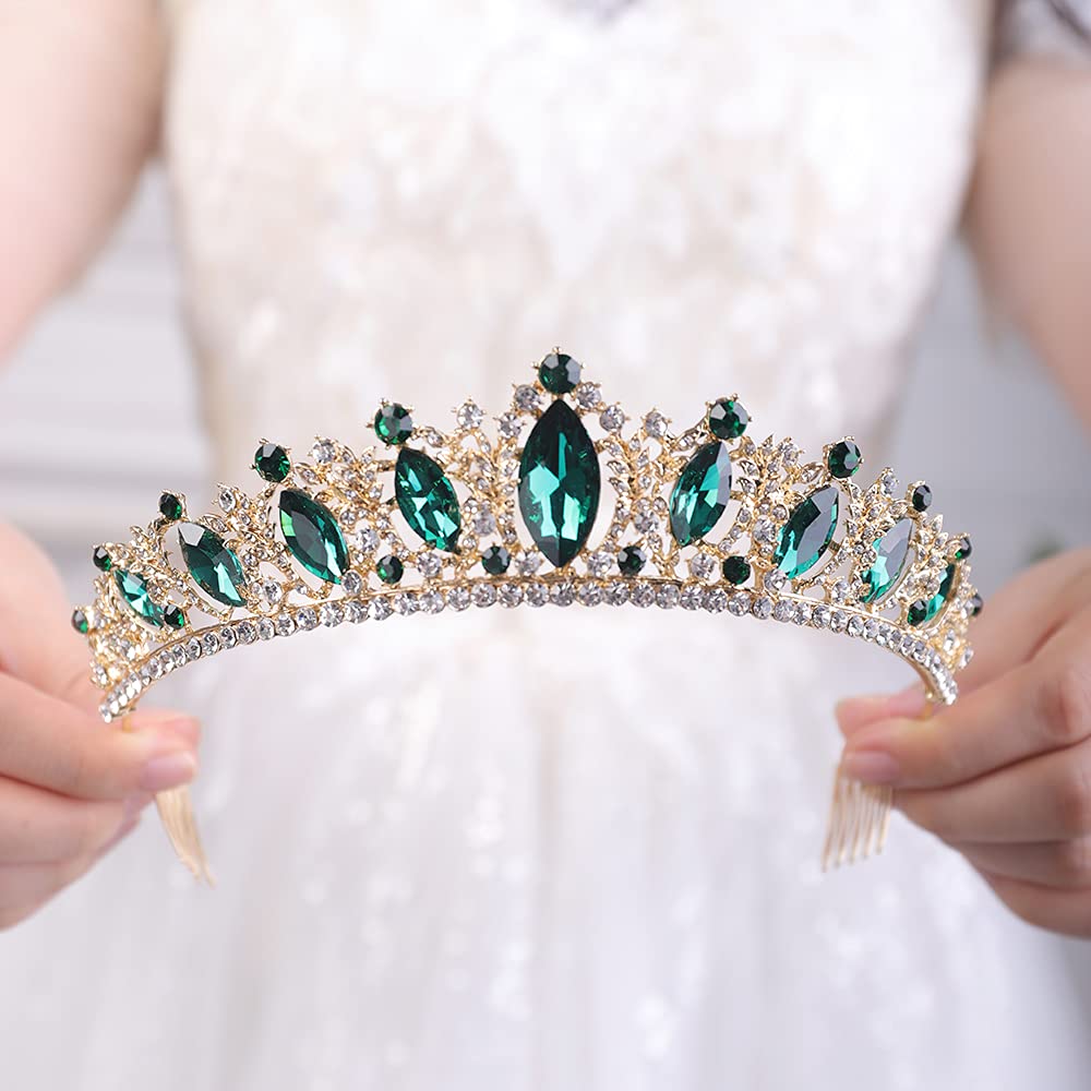 JWICOS Crystal Tiara with Comb for Women Queen Crown Wedding Bridal Party (Green)