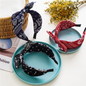 Lvyeer Paisley Print Wide Bow Headbands for Women Bandana Rabbit ear Elastic Hairband Cute Knot Headbands Hair Accessories (Style 1: (Red, white, Navy, black)