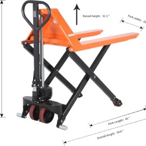 Tory Carrier High Lift Pallet Jack Scissor Hand Truck 45 ''Lx21 ''W Fork Size 2200lbs Capacity Manual Lift Trucks 31.5" Lifting Height for Open Bottom Pallets