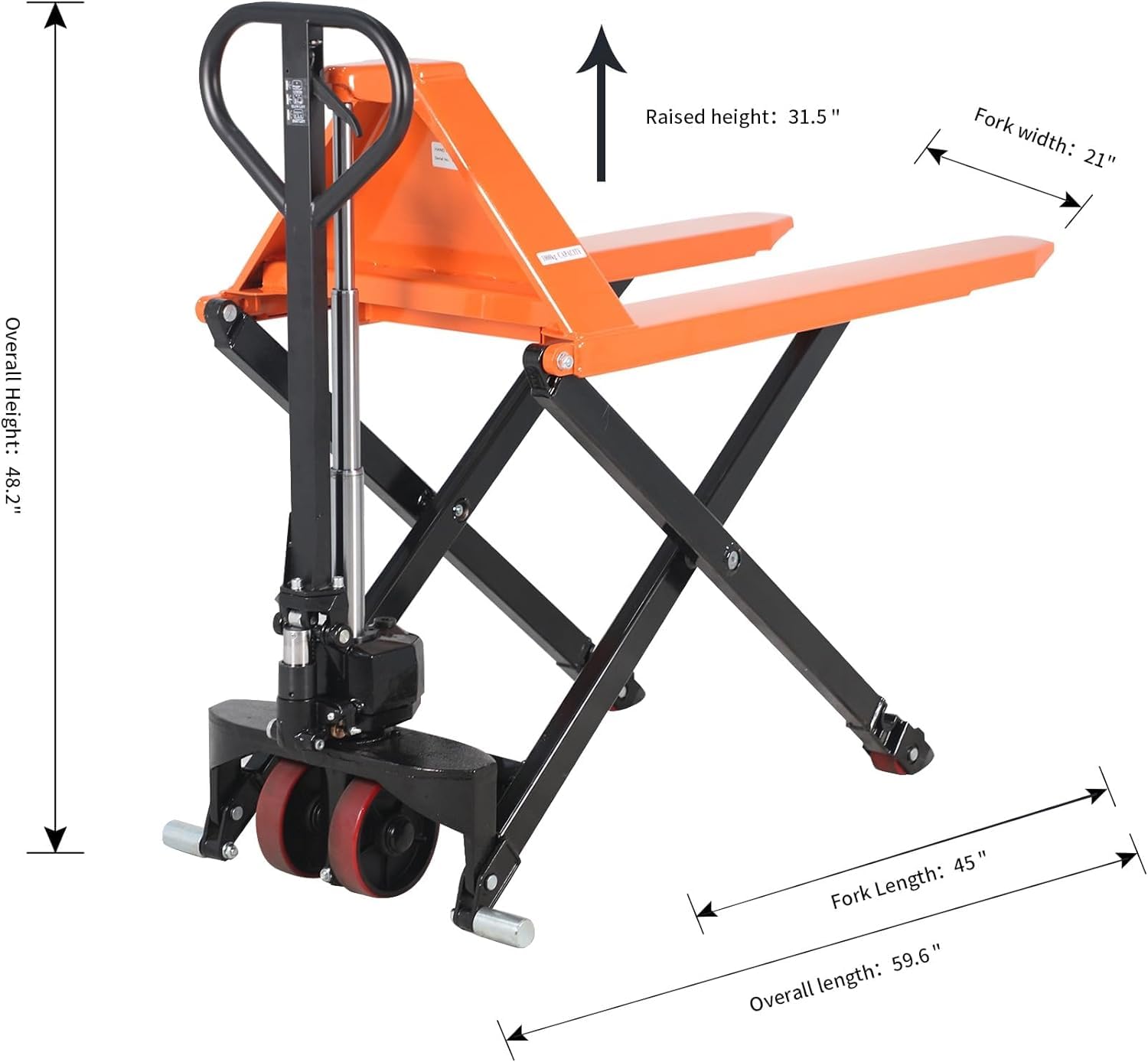 Tory Carrier High Lift Pallet Jack Scissor Hand Truck 45 ''Lx21 ''W Fork Size 2200lbs Capacity Manual Lift Trucks 31.5" Lifting Height for Open Bottom Pallets